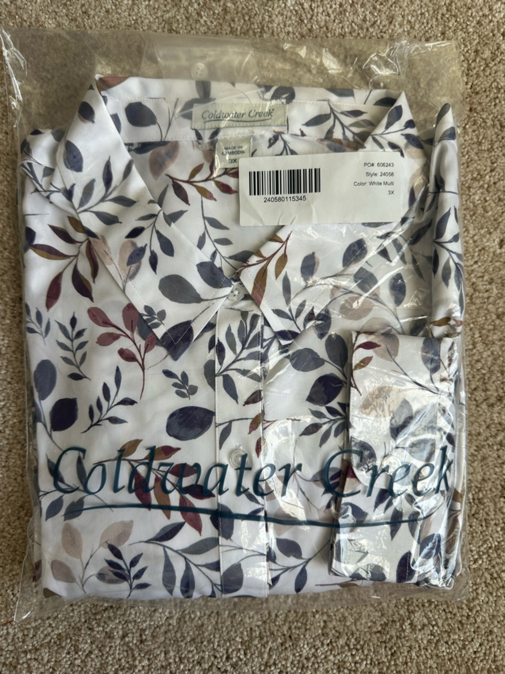 Coldwater Creek Cream Blouse with Multicolor Leaf Print